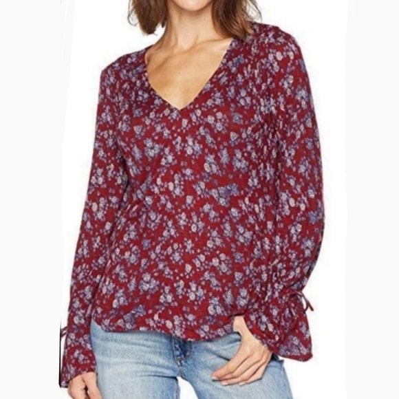 Lucky Brand Blouse Floral Print V-Neck Long Sleeve Smocking Red Blue M NWT - Picture 1 of 8
